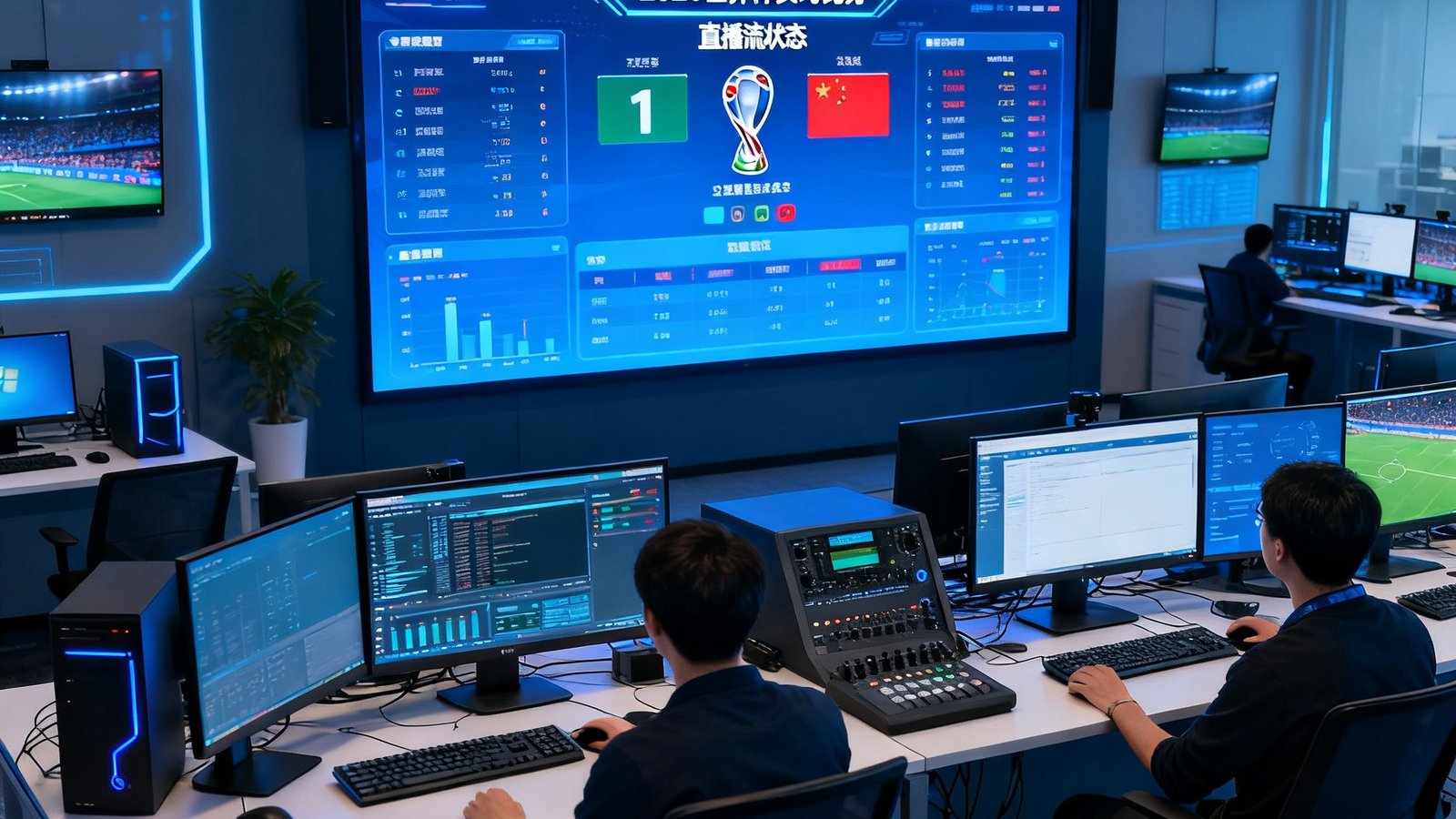 WorldCup Live团队办公室，数据大屏展示2026世界杯实时比分与直播流状态